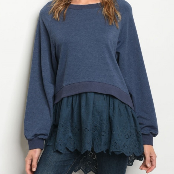 NINETY NINE Navy Long Sleeve Eyelet Trim Tunic Top - Picture 5 of 5